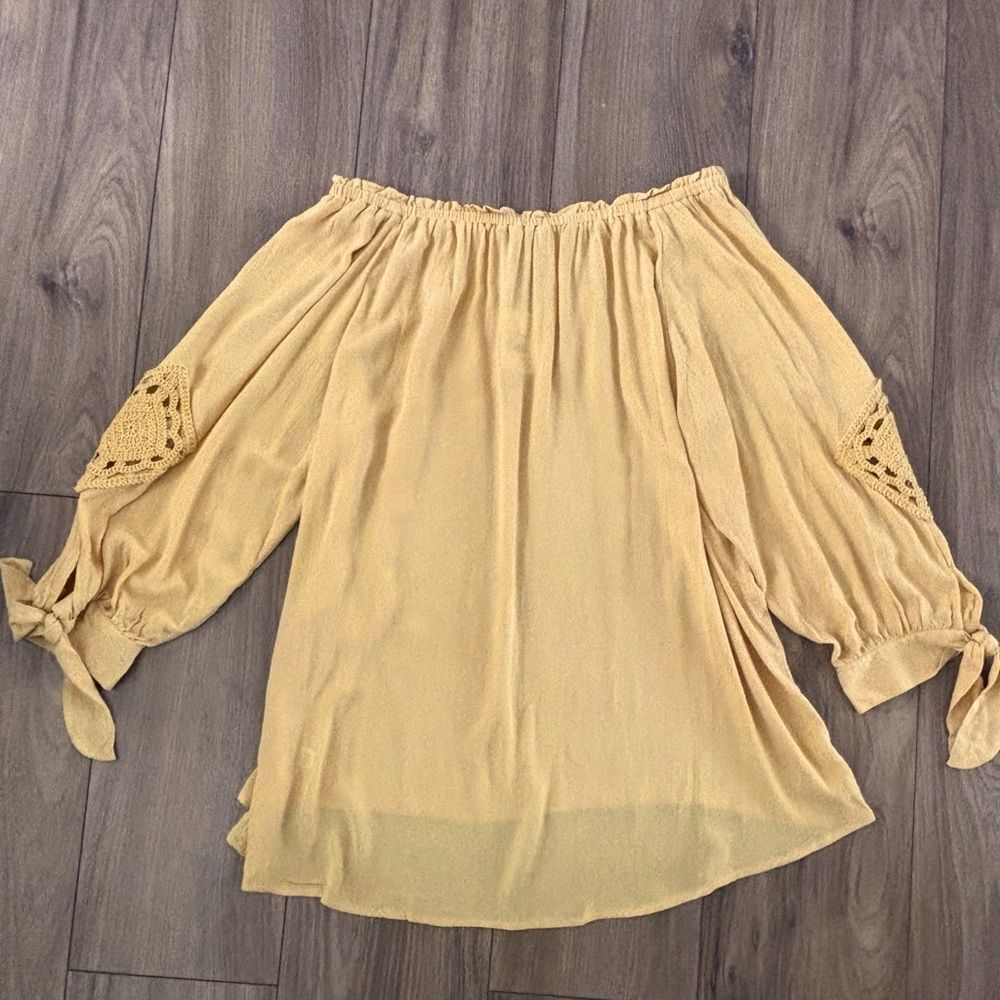 Boho Off Shoulder Tie Sleeve Mustard Yellow Top